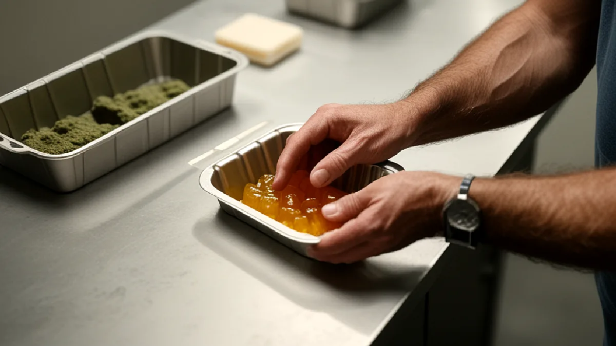 Gloved hands inspect a sealed cannabis package beside verification equipment in a controlled fulfillment workspace.