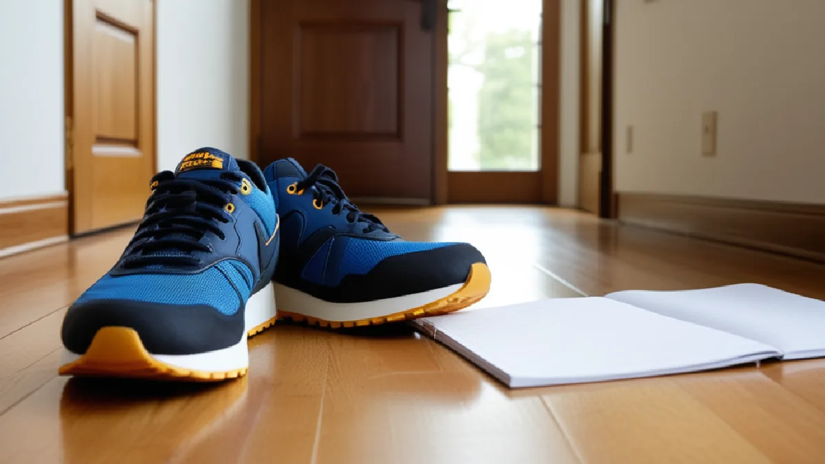 A father’s journal and walking shoes suggest reflection and daily behavior change within family life.