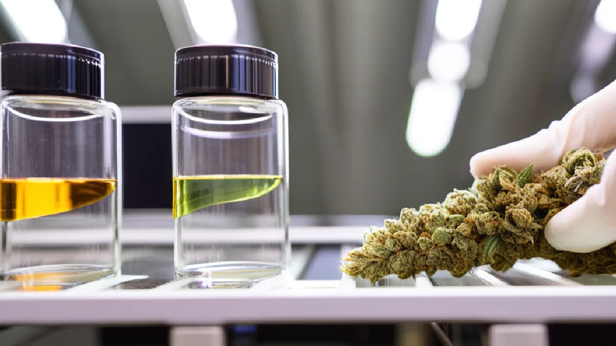 Gloved hands handling a vial of cannabis extract in a bright research laboratory to analyze chemical compound profiles.