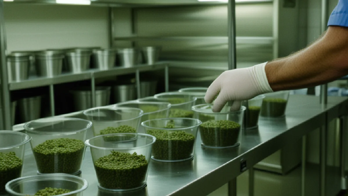 Gloved hands organize unlabelled cannabis containers inside a secure facility prepared for future licensing.
