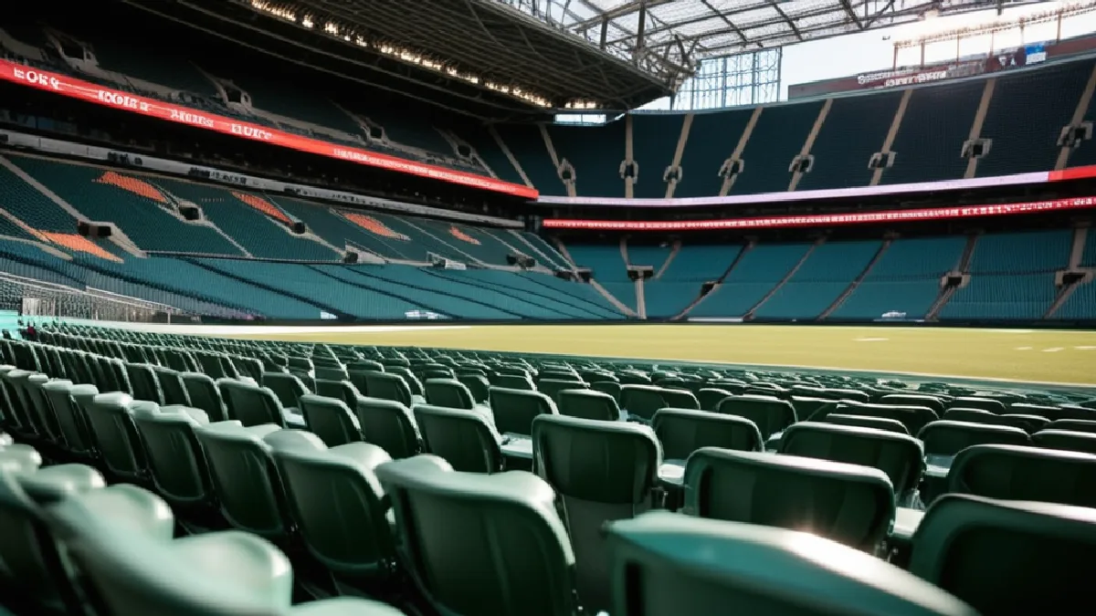 Blank advertising boards line an empty professional stadium, illustrating cannabis brands’ absence from league inventory.