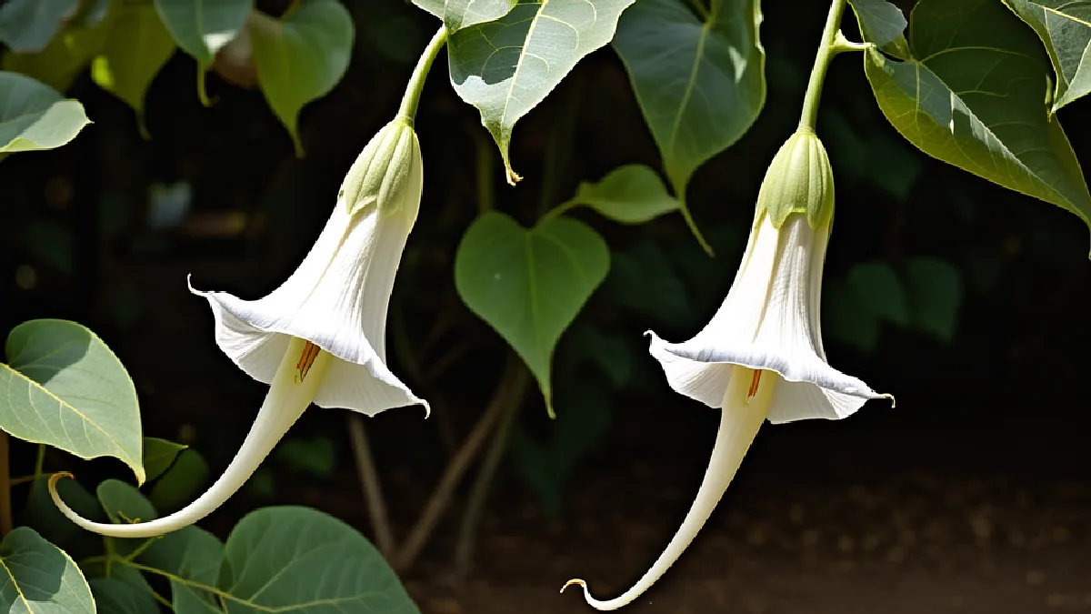 Flores brancas de datura e brugmansia surgem de um jardim escuro, ilustrando a beleza e a perigosa imprevisibilidade dessas plantas.