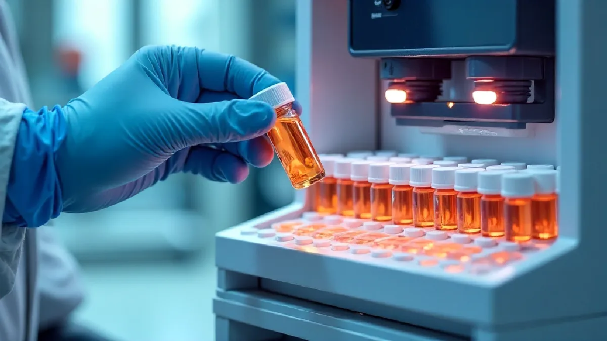 A gloved technician prepares cannabis samples in a laboratory vial for liquid chromatography testing to verify chemical composition.