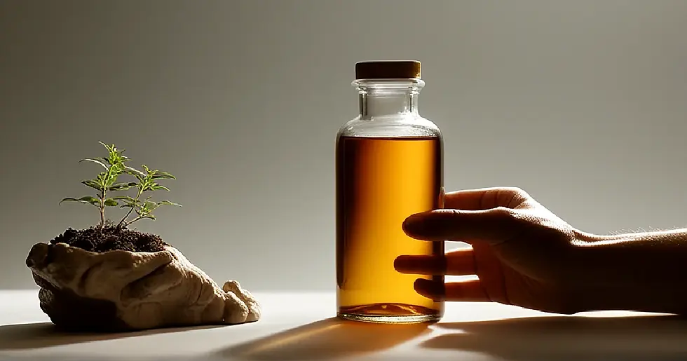 Amber CBD containers and a hemp plant sit in a stark clinical display as federal policy uncertainty gathers around them.
