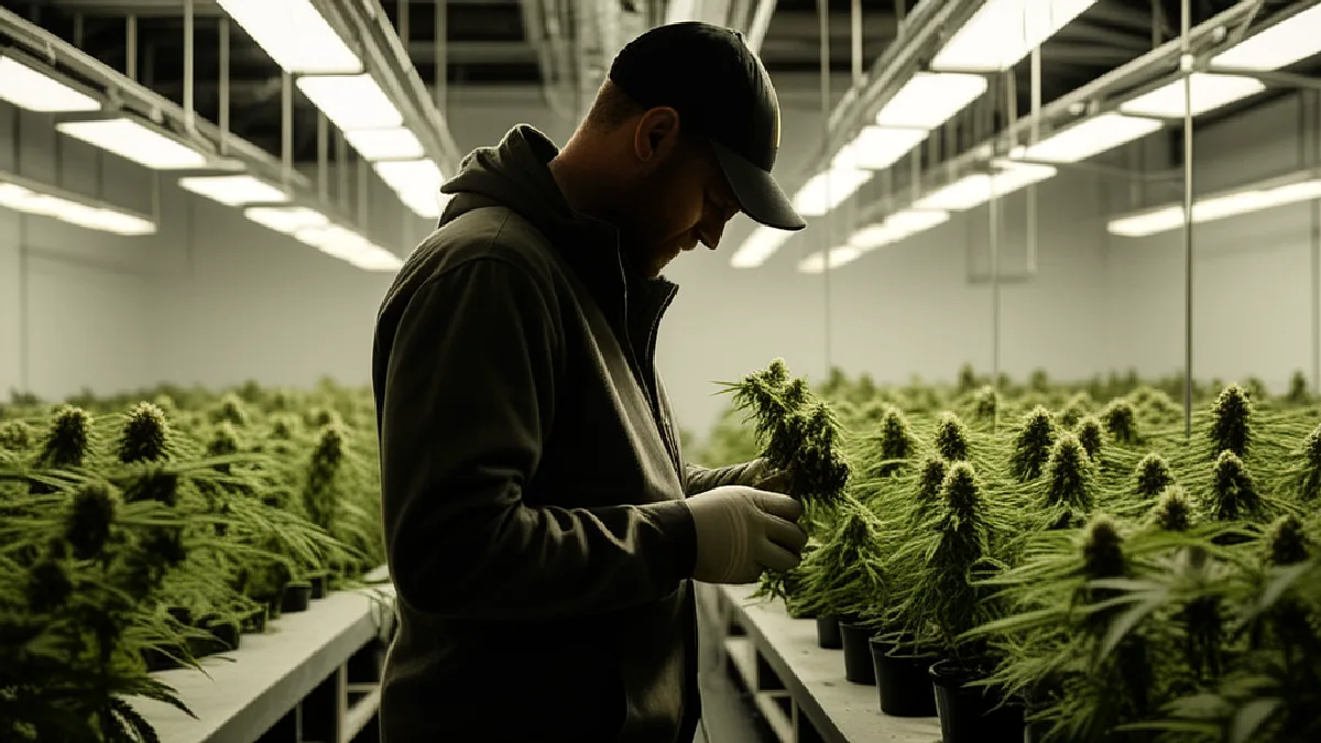 Gloved hands inspect flowering cannabis in a controlled room, evoking practical expertise in compliance and safe access.