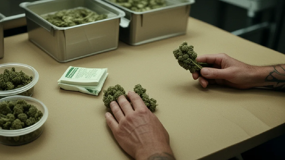 Gloved hands organize sealed cannabis products and inventory tools for a documented compliance routine.