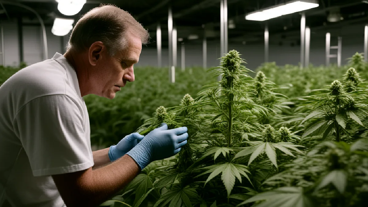 Un travailleur portant des gants inspecte des plants de cannabis dans une salle de culture contrôlée, illustrant le commerce réglementé et la responsabilisation.