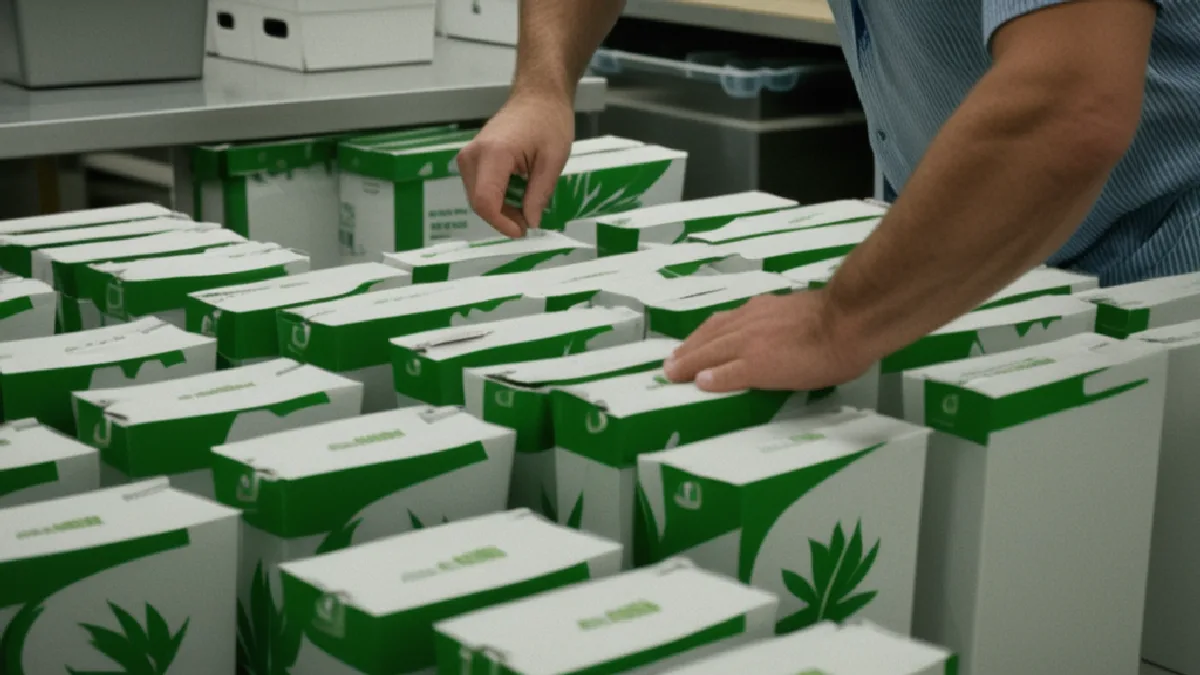 A worker organizes unbranded cannabis orders in a secure fulfillment room before a delivery launch.