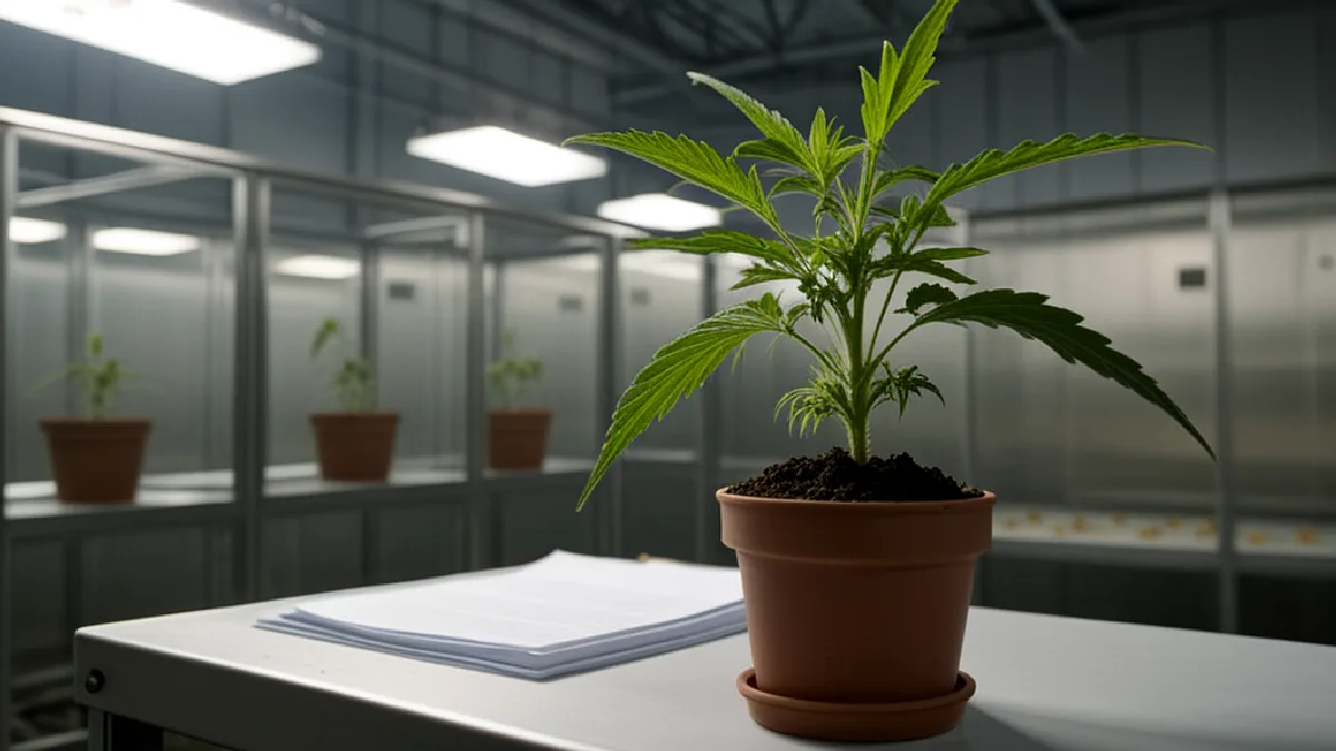 A flowering hemp plant stands behind a transparent partition, symbolizing uncertainty over Ohio’s adult-use law.