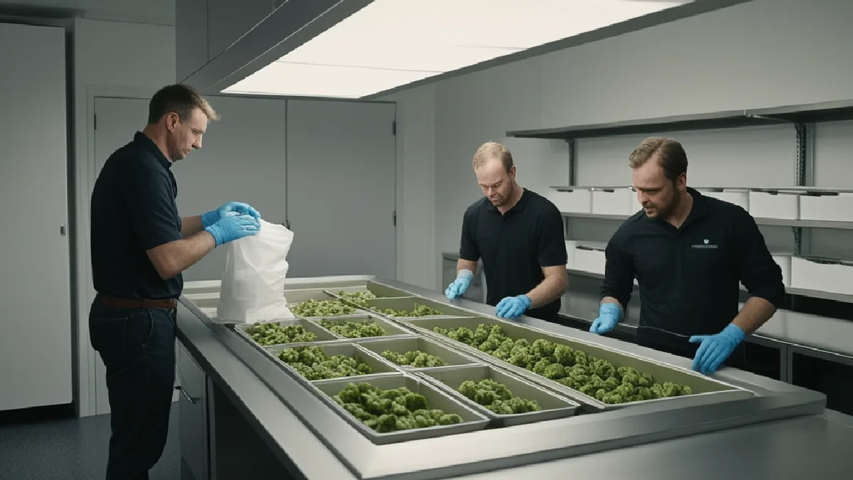Gloved hands secure unlabelled packages in a controlled fulfillment room, illustrating tighter operational discipline for investors.