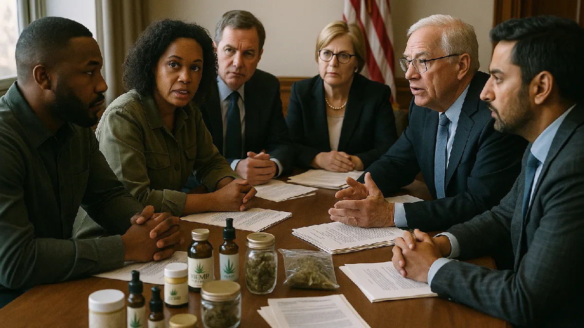 Industry leaders and lawmakers discussing hemp legislation, surrounded by hemp products and documentation, reflecting collaboration on policy.