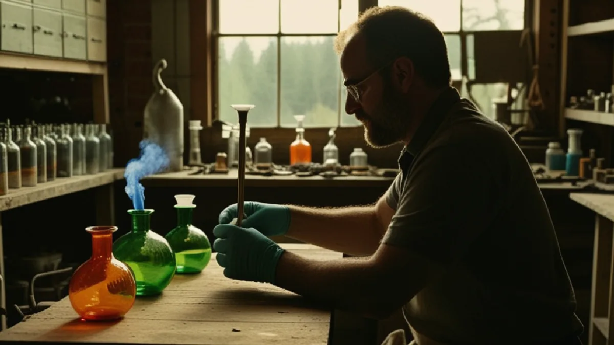 Gloved hands shape colorful glass beside a torch in an Oregon workshop, evoking Jerome Baker Designs’ early craft roots.