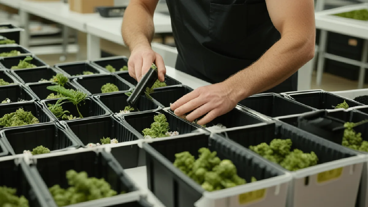 Workers organize a vaporizer separately from whole-flower items in a clean fulfillment space.