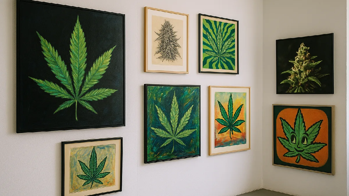 An art gallery featuring diverse cannabis-inspired artworks, illustrating the variety within cannabis art movements.