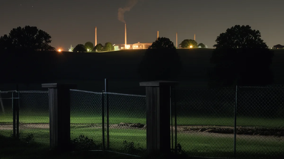 A faint industrial haze crosses toward neighboring homes, representing residents’ alleged nuisance and property-line concerns.