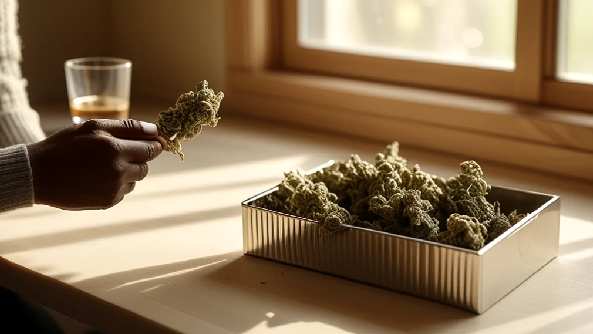 Hands prepare an unlabelled cannabis presentation box beside refreshments for a Washington, DC home gathering.