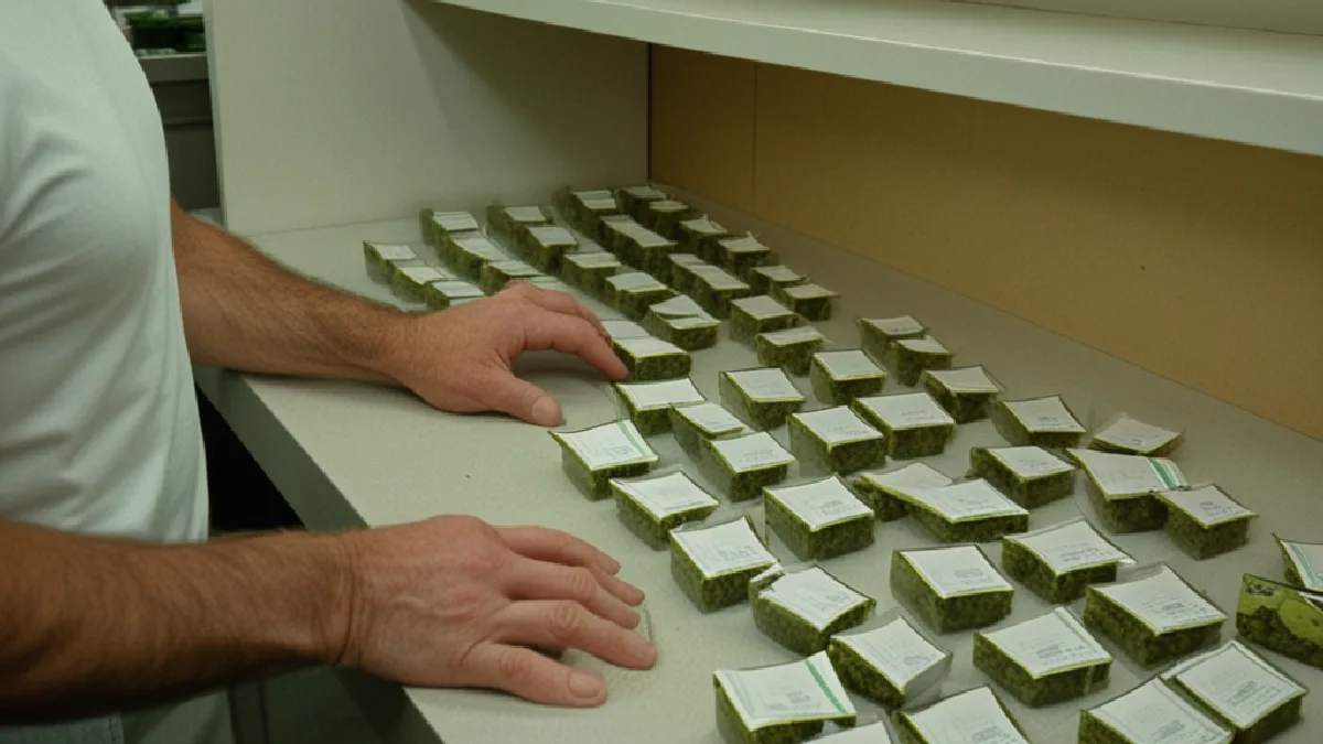 Workers organize unbranded cannabis inventory in a Michigan retail back room as upstream costs affect selection and delivery operations.