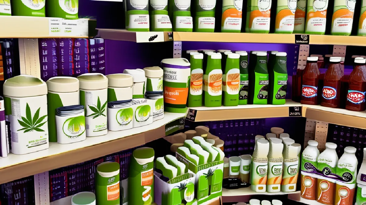 Unbranded hemp drinks glow in a retail window near a cannabis storefront, illustrating divergent state markets.