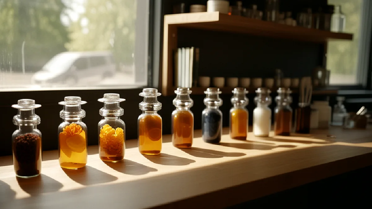 A budtender arranges small-batch flower and concentrates while a shopper examines the curated selection.