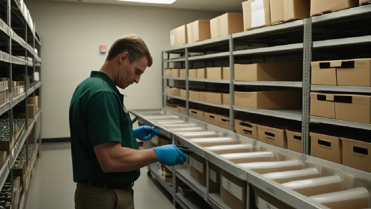 Gloved hands secure unmarked cannabis containers in a controlled fulfillment room, illustrating chain-of-custody procedures.