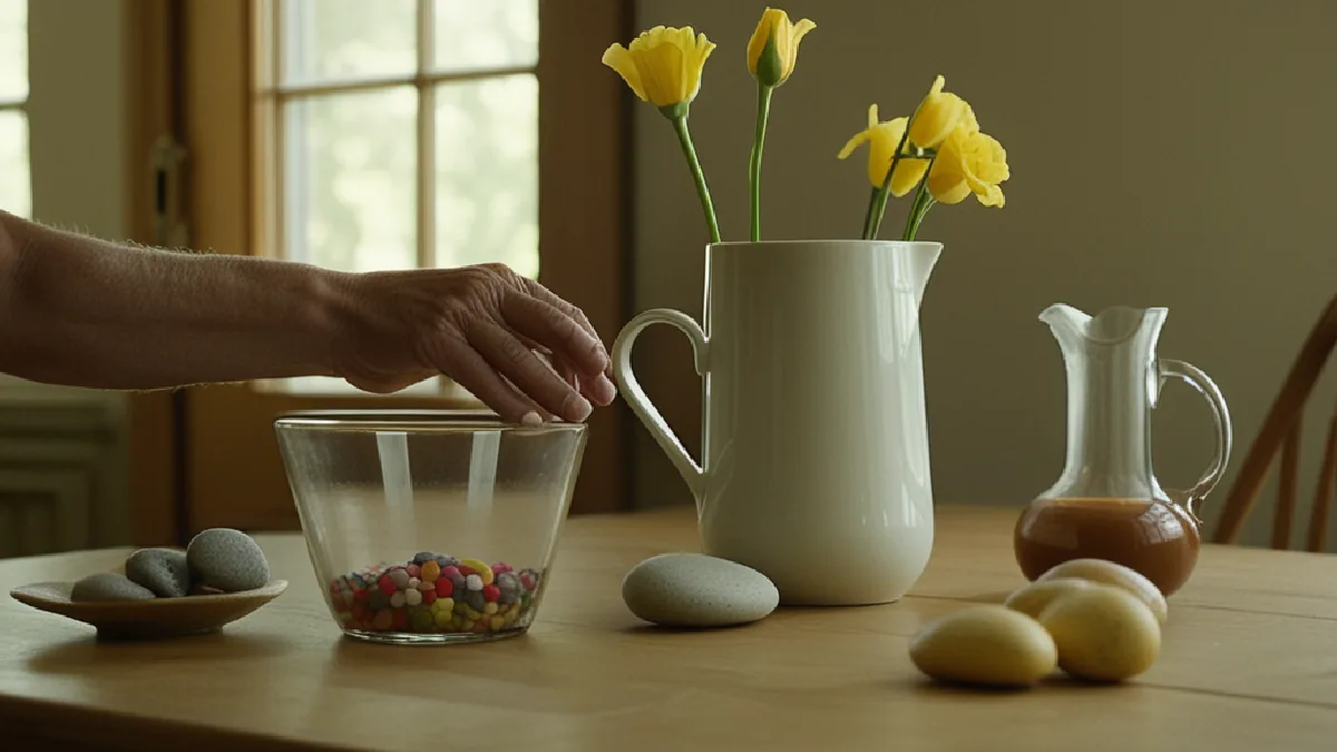 Hands arrange flowers and grounding objects in a quiet Oakland gathering space focused on care and reflection.