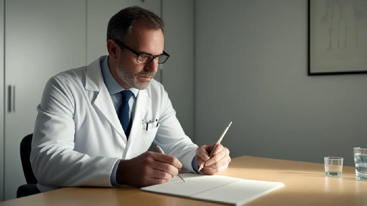 Un medico e un paziente discutono dell’uso prudente della cannabis terapeutica in una tranquilla sala per consultazioni.