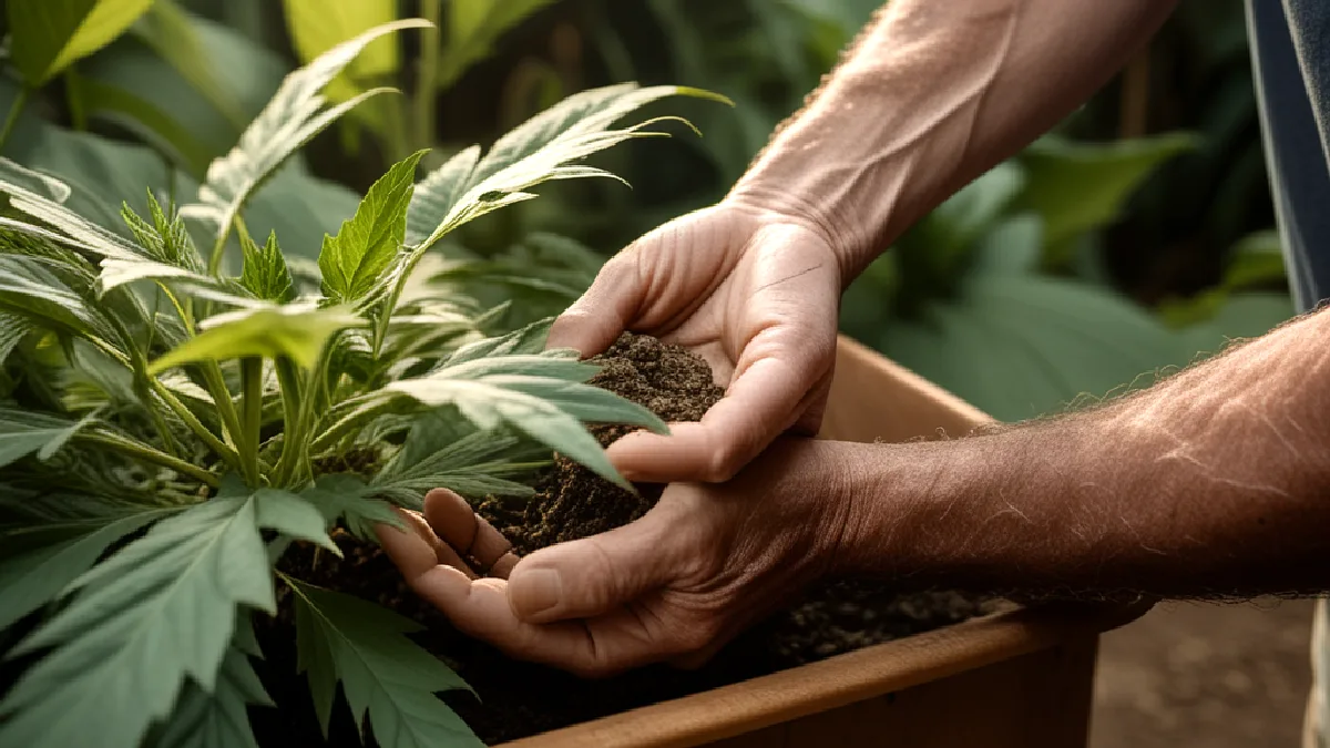 Un cultivateur soigne un plant de cannabis dans le Porto Rico tropical, mettant en avant l’identité et l’ancrage régionaux.