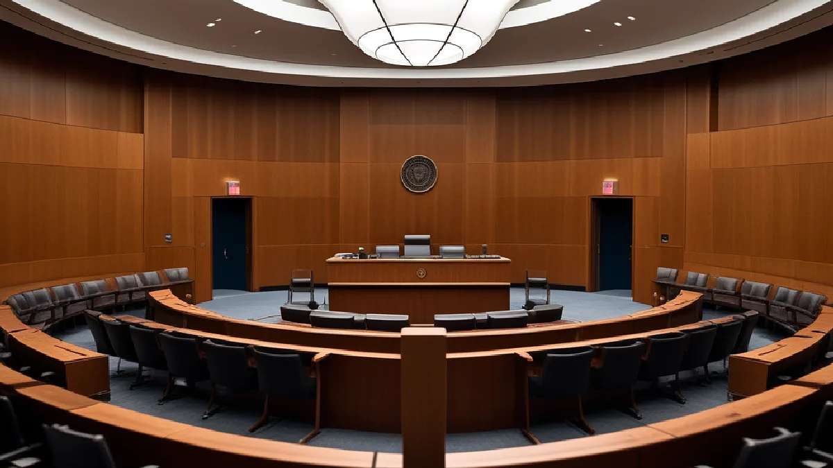 An empty legislative hearing room with curved wooden seating and a raised dais.