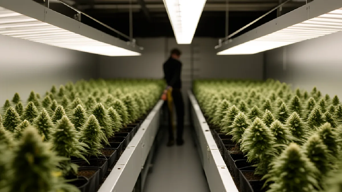Un lavoratore ispeziona fiori THCA maturi in una sala di coltivazione indoor, evocando lo spostamento verso la misurazione del THC totale.
