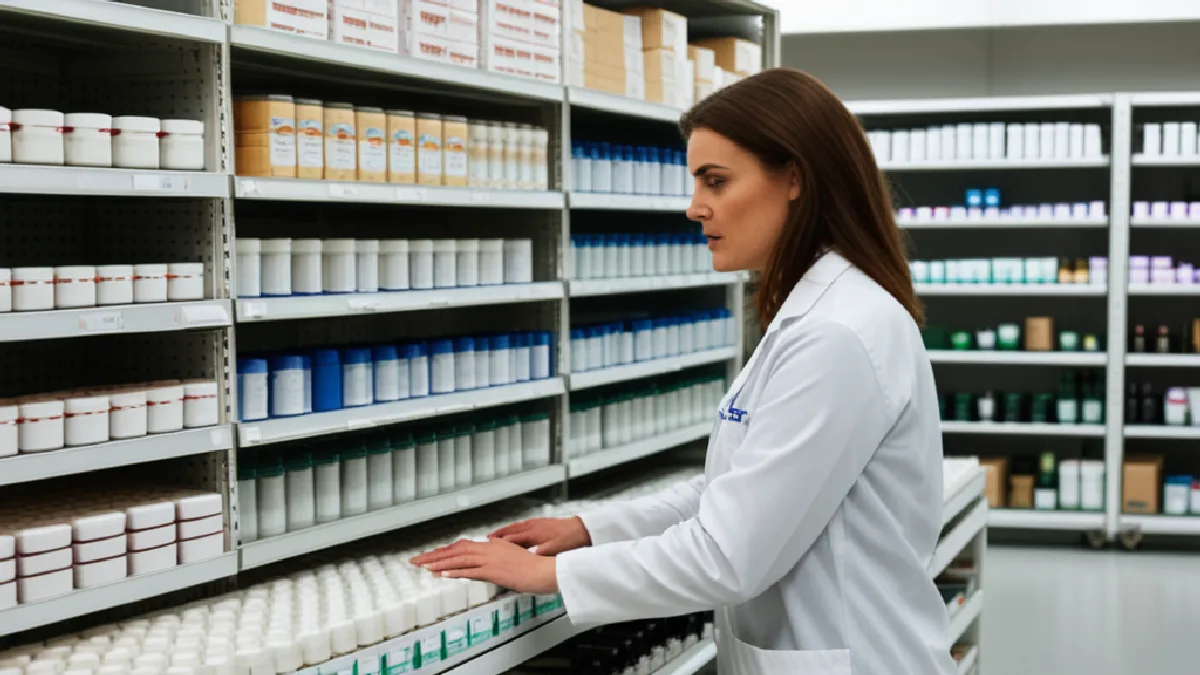 Hands prepare unmarked medical cannabis containers in a German pharmacy fulfillment workspace.