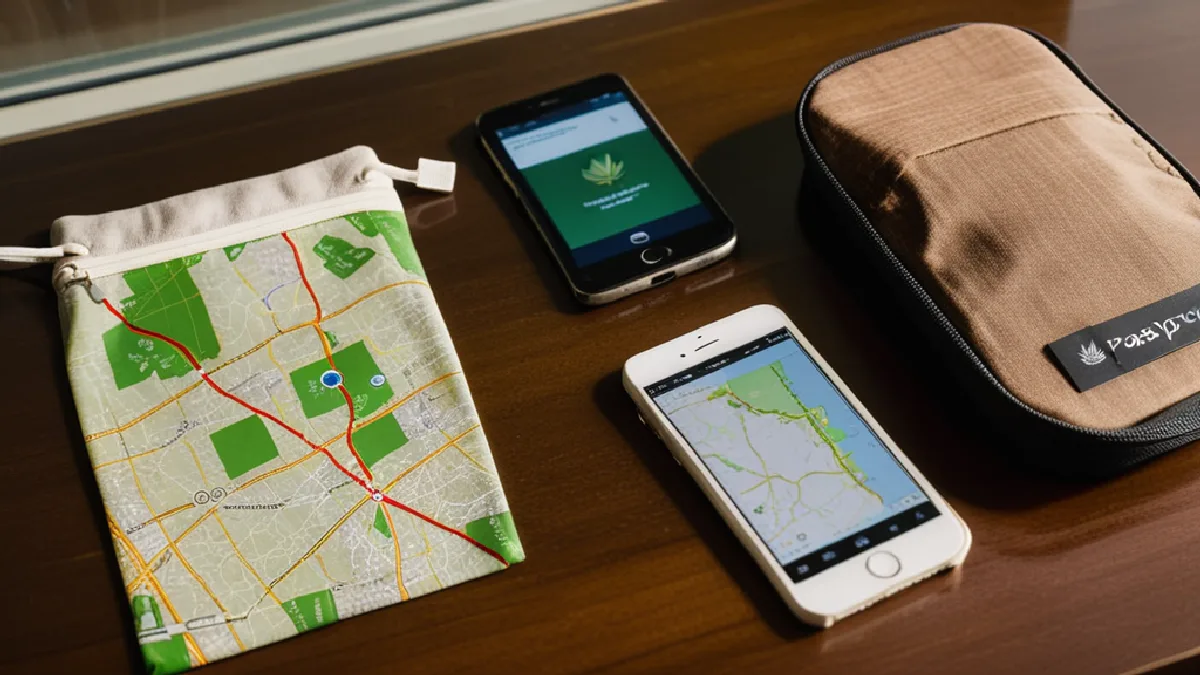 A sealed legal cannabis package rests next to a smartphone showing map navigation, demonstrating local delivery and transport policy context.