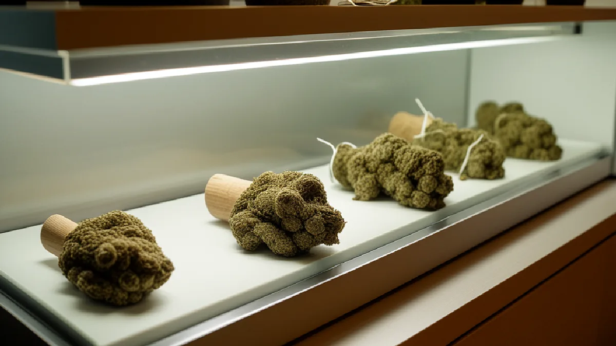 Faceless customers hesitate near cannabis flower in a dispensary, reflecting weakening confidence in federal marijuana policy.