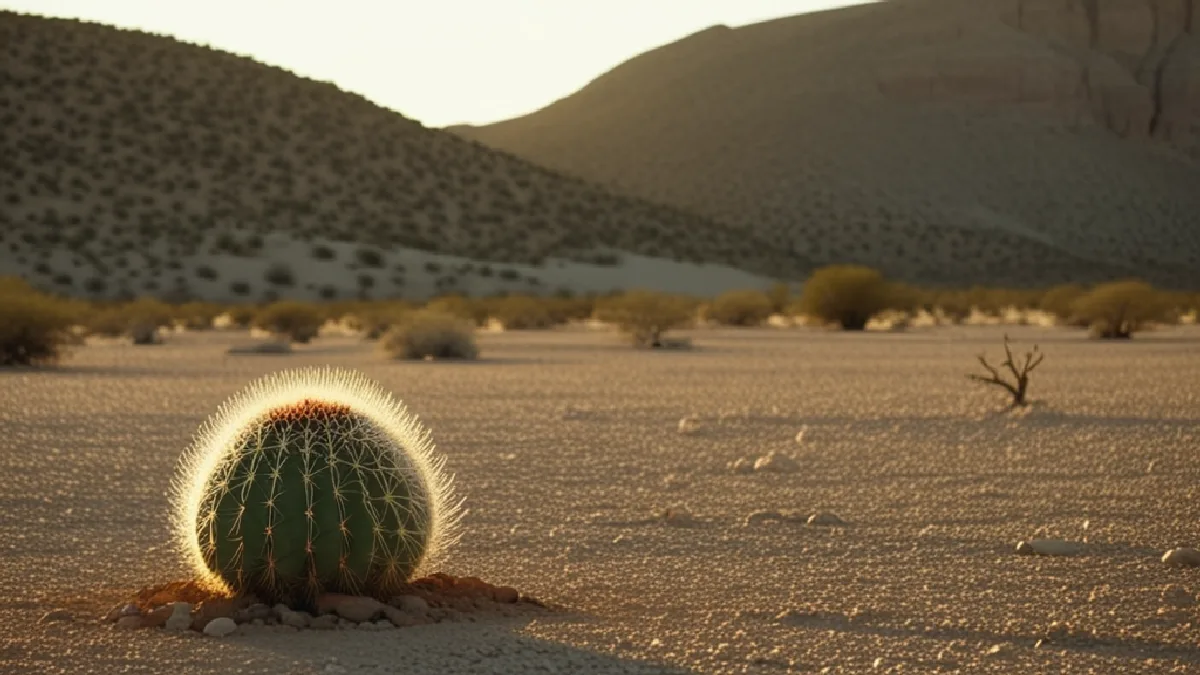 A peyote cactus and distant figure evoke the varied political currents within psychedelic culture.