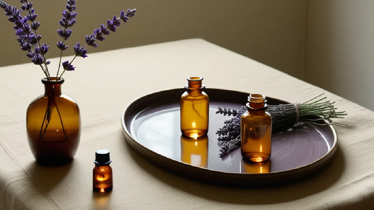 An amber dropper bottle, lavender, and a pre-roll on a ceramic tray, representing considerations around dosage and mindful consumption.