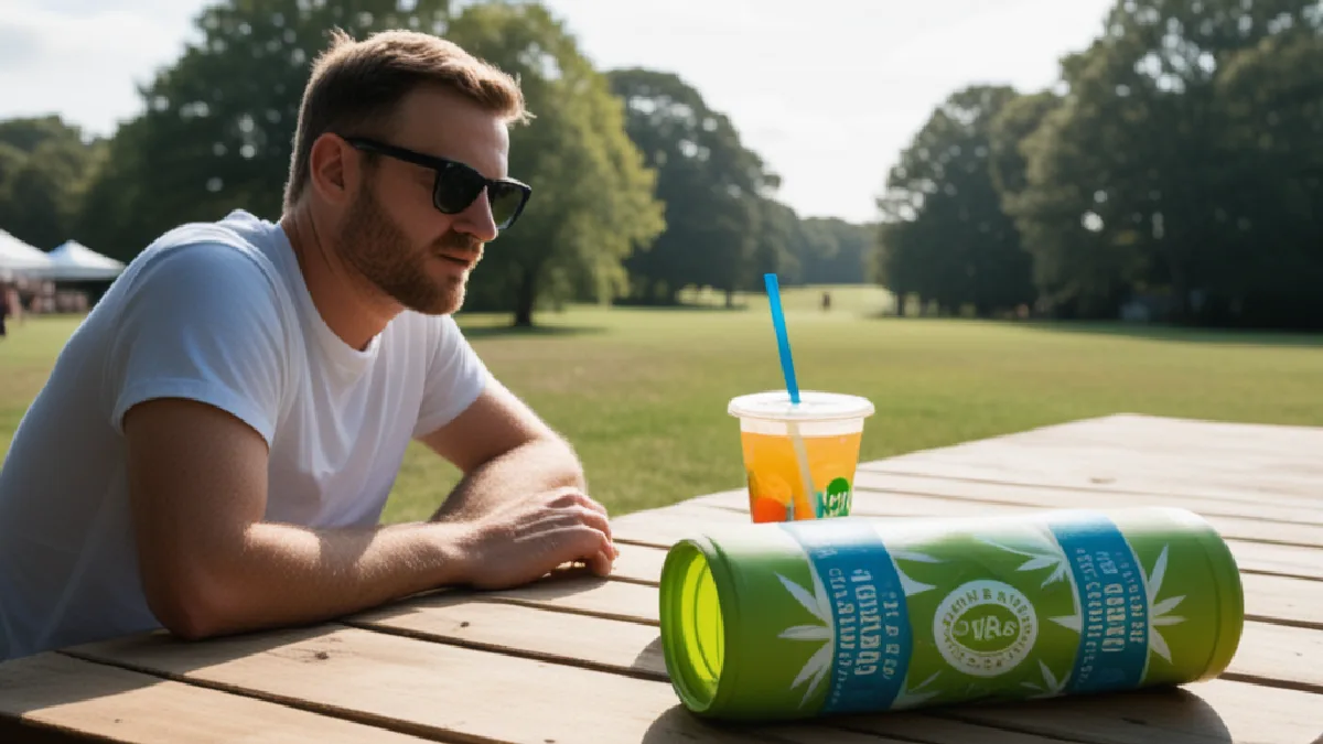 An adult prepares water and essentials at a shaded picnic table before exploring the festival grounds.