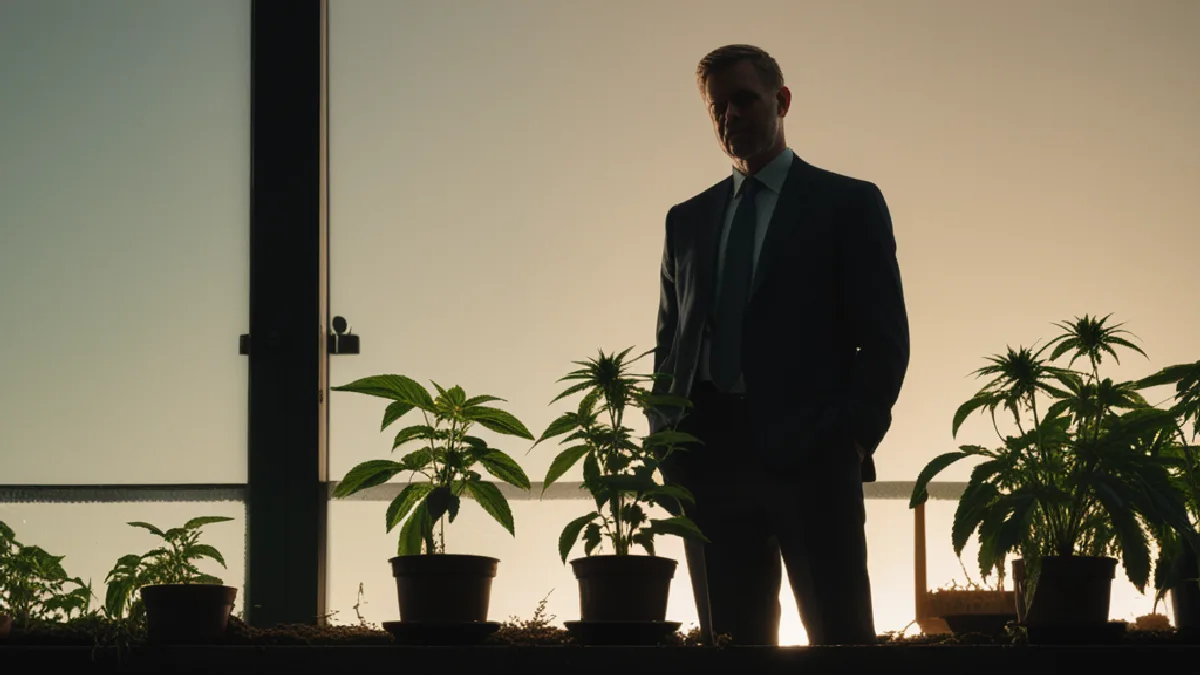 A solitary cannabis plant stands in a shadowy greenhouse, evoking opportunity, volatility and uncertainty for investors.