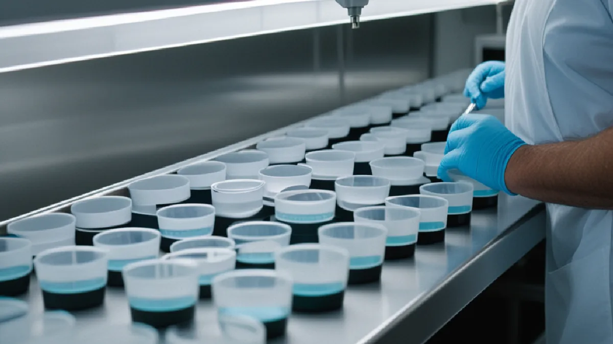 Gloved hands arrange identical laboratory vials, suggesting blinded controls and careful trial methods.