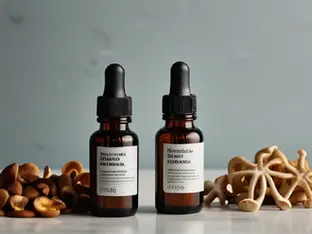 Unmarked brown dropper bottle and dried psilocybin mushrooms sit in cool light, evoking tincture storage and safety questions.