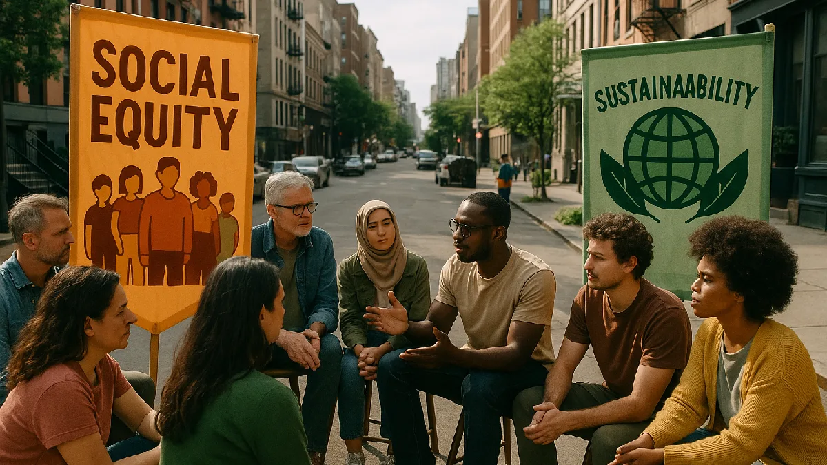 A diverse group engaged in conversation at a community event, highlighting social equity and inclusivity in urban culture.