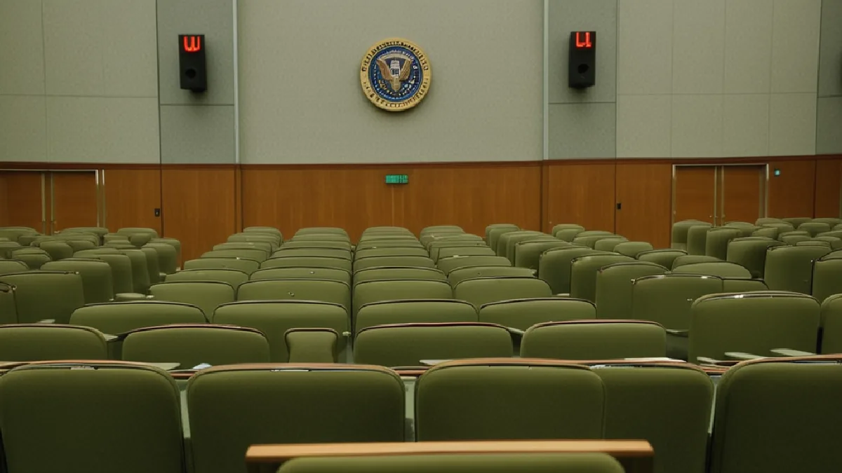 Empty chairs and an unoccupied dais represent the limited public record after the FDA hearing.