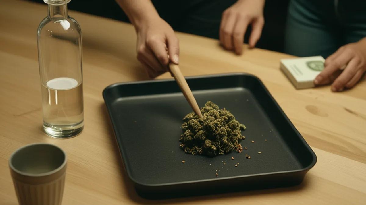 Hands gather around unlabelled cannabis flower as social sharing accelerates new strain trends.