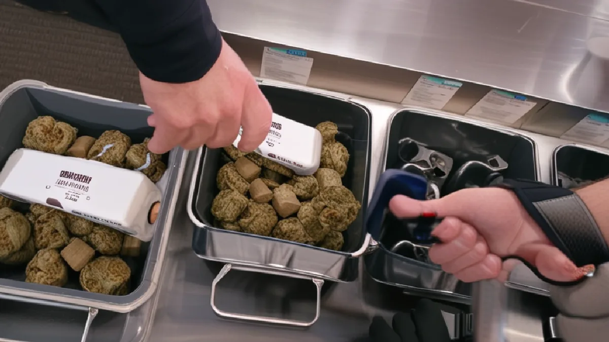 Gloved hands organize sealed containers and storage equipment during a routine delivery compliance review.