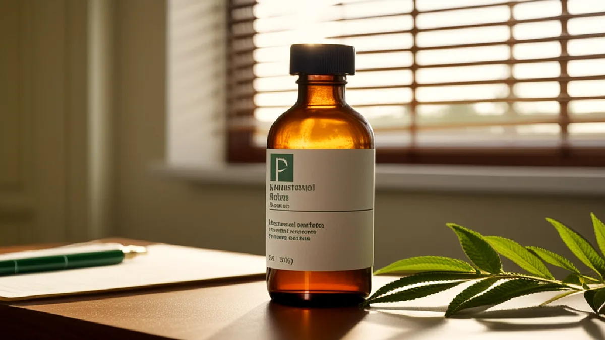 A stethoscope rests beside an amber tincture bottle and small potted cannabis plant on a sunlit doctor desk in Florida.