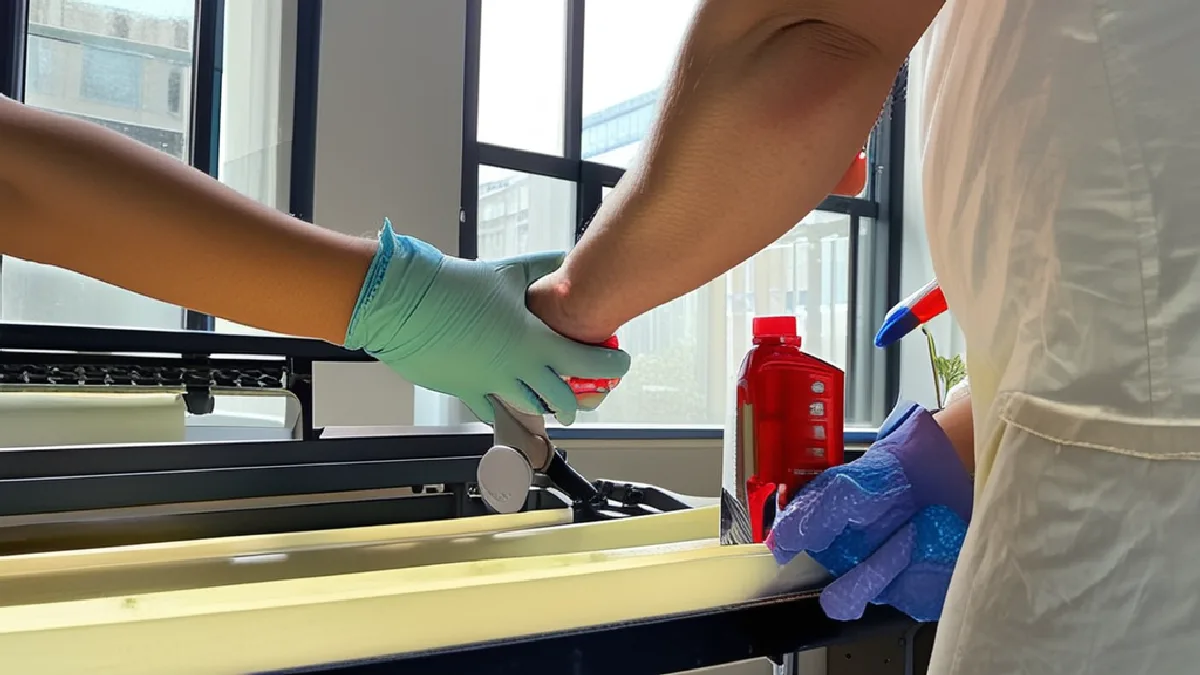 Gloved hands transfer an unmarked beverage carton in a controlled fulfillment setting.