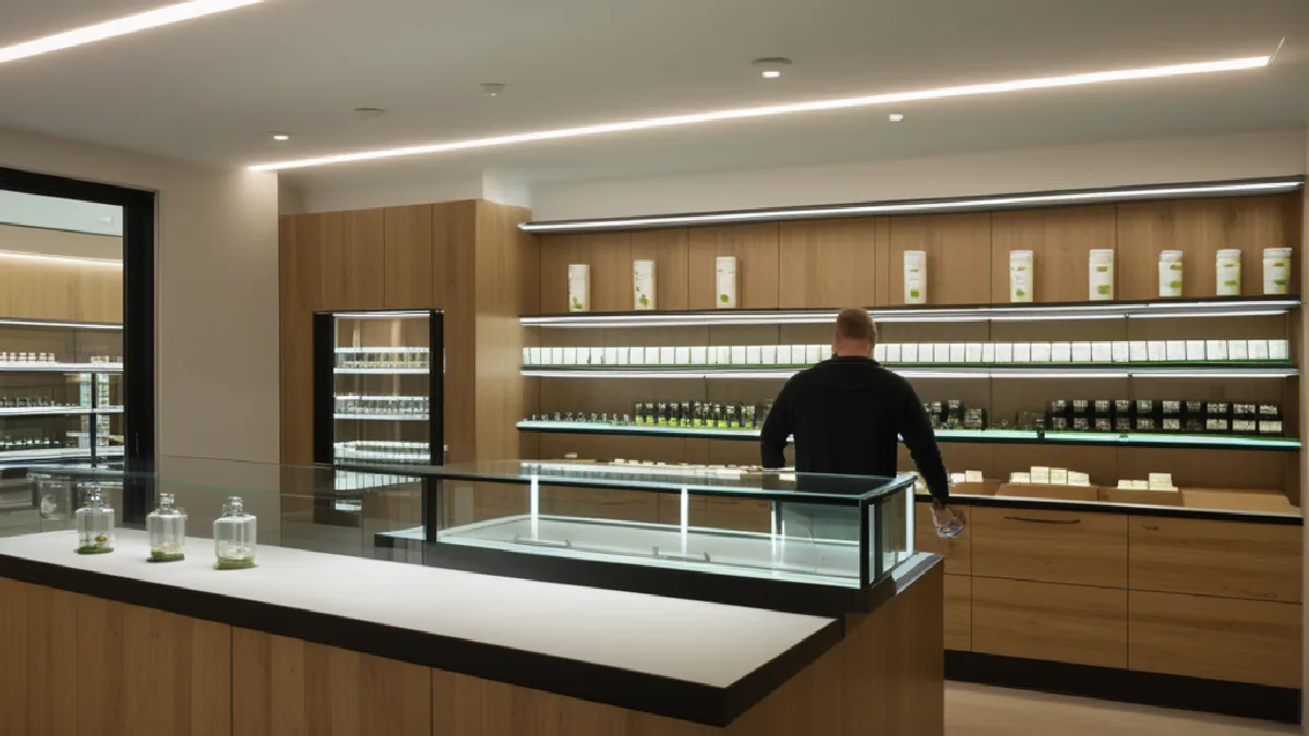 Workers arrange cannabis products in a polished dispensary, illustrating how scale can affect merchandising and customer experience.