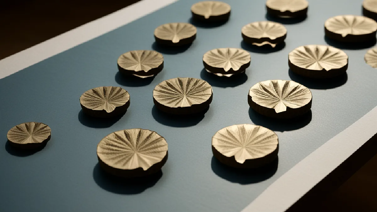 A few isolated metal discs on a dark table represent thin liquidity and constrained investor participation in cannabis equities.