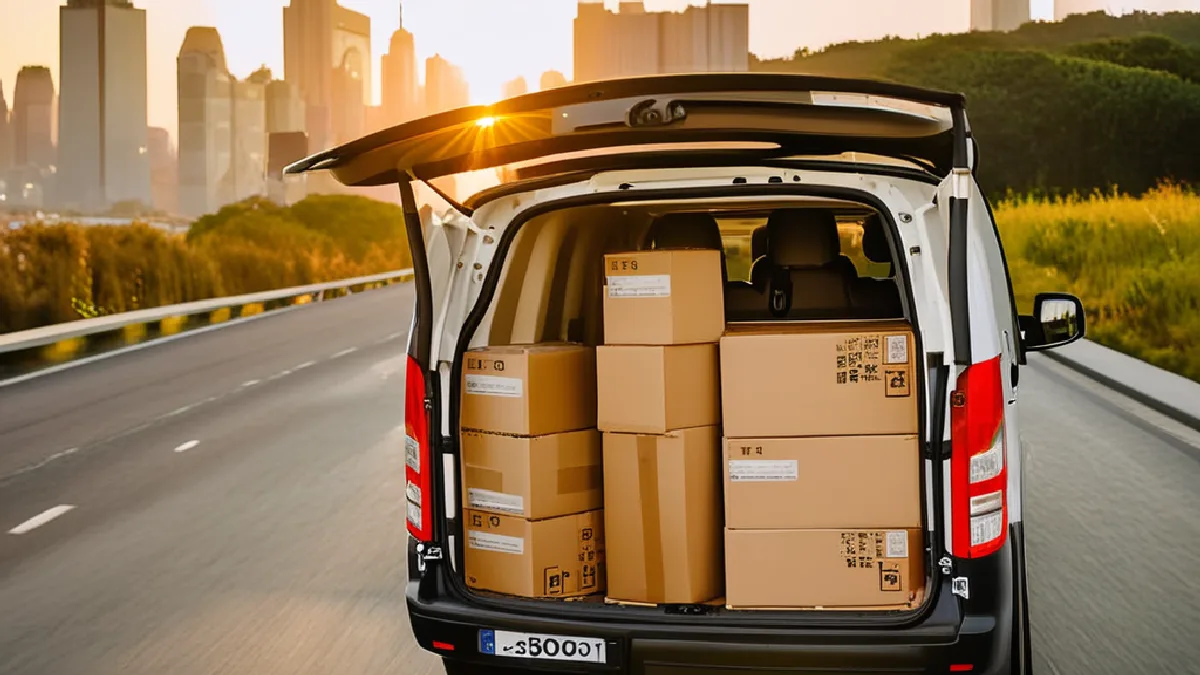 Organized packaging in a vehicle trunk set against an urban skyline represents growing regional cannabis delivery operations in the DMV area.