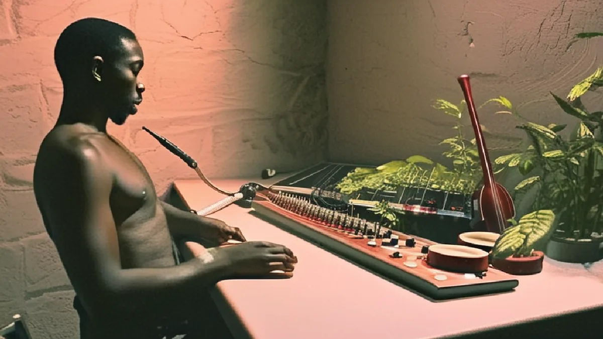 Cannabis plant and Afrobeat instruments suggest Fela Kuti’s ritual approach to creativity and spiritual reflection.