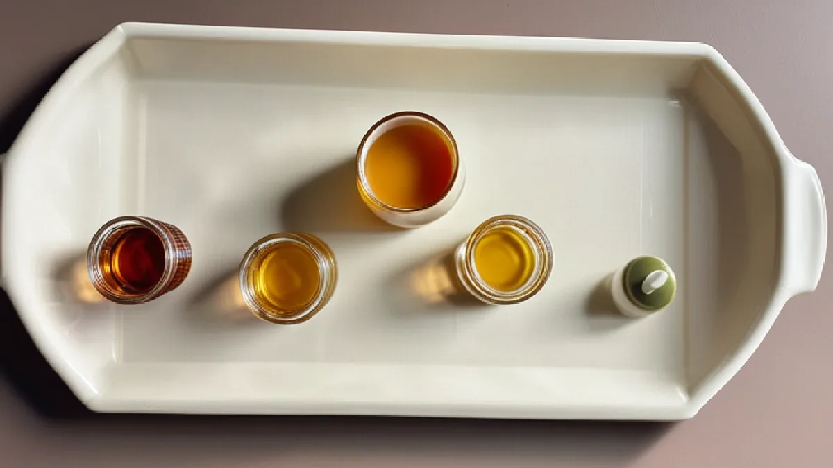 A neat arrangement of medical cannabis oil droppers and gelatin capsules on a ceramic tray for patient therapeutic use.