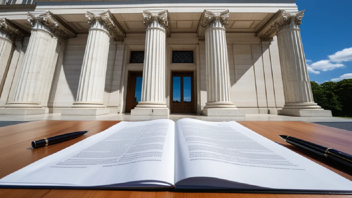 Reading glasses and documents on an oak table in front of a classical building illustrating federal policy changes.